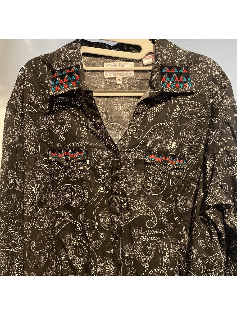 Panhandle Women’s Western Shirt Sz. XL Black Paisley Cotton Pearl Snap Aztec